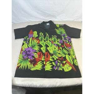 HIGH SEAS Short Sleeve Hawaiian Button Up Camp Shirt Black/Tropical Men's Size L